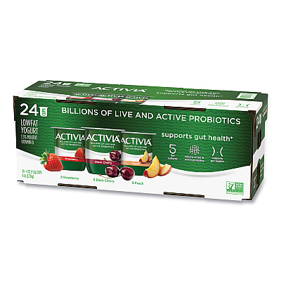 Activia Probiotic Lowfat Yogurt, 4 oz Cups, Black Cherry/Peach/Strawberry, 24/Pack (GRR90200477)