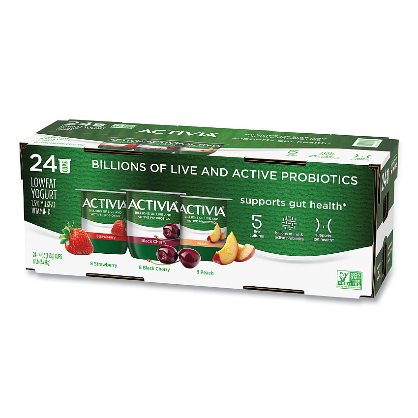 Activia Probiotic Lowfat Yogurt, 4 oz Cups, Black Cherry/Peach/Strawberry, 24/Pack (GRR90200477)