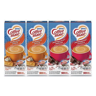 Coffee-mate Liquid Coffee Creamer, Peppermint Mocha/Pumpkin Spice, 0.38 oz Mini Cups, 50/Pack, 4 Packs/Carton (GRR70000095)