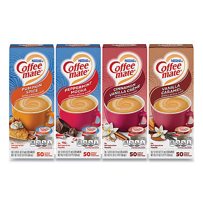 Coffee-mate Liquid Coffee Creamer, Cinnamon/Peppermint/Pumpkin/Vanilla, 0.38 oz Mini Cups, 50/Pack,4 Packs/Carton (GRR70000093)
