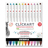 Zebra ClickArt Porous Point Pen, Retractable, Fine 0.6 mm, Assorted Ink and Barrel Colors, 12/Pack (ZEB69012)