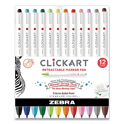 Zebra ClickArt Porous Point Pen, Retractable, Fine 0.6 mm, Assorted Ink and Barrel Colors, 12/Pack (ZEB69012)