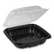 Pactiv Evergreen EarthChoice Vented Dual Color Microwavable Hinged Lid Container, 1-Compartment, 28 oz, 7.5 x 7.5 x 3, Black/Clear, 150/Carton (DC757100B000)