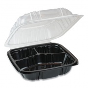 Pactiv Evergreen EarthChoice Vented Dual Color Microwavable Hinged Lid Container, 3-Compartment, 21 oz, 8.5 x 8.5 x 3, Black/Clear, 150/Carton (DC858310B000)