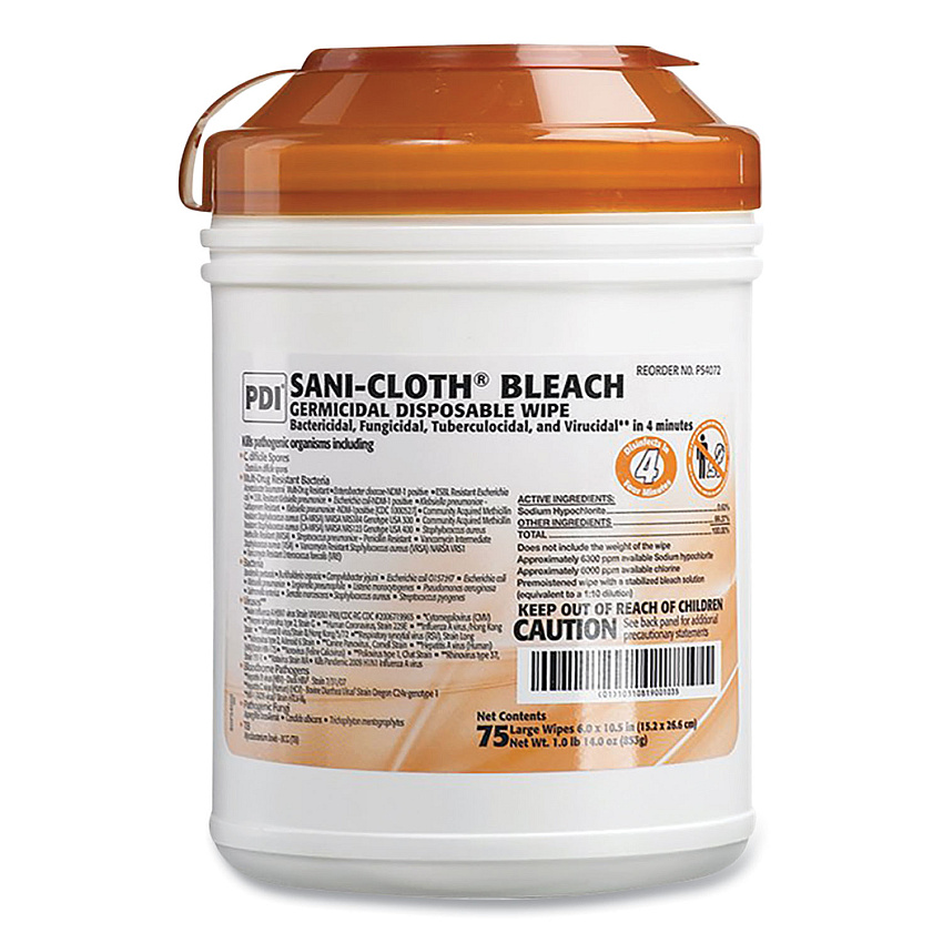 Sani Professional Sani-Cloth Bleach Germicidal Disposable Wipes, Deep-Well Lid Canister, 10.5 x 6, 75/Canister (NICP54072PK)