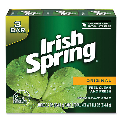Irish Spring Bar Soap, Clean Fresh Scent, 3.75 oz, 3 Bars/Pack, 18 Packs/Carton (CPC14177)
