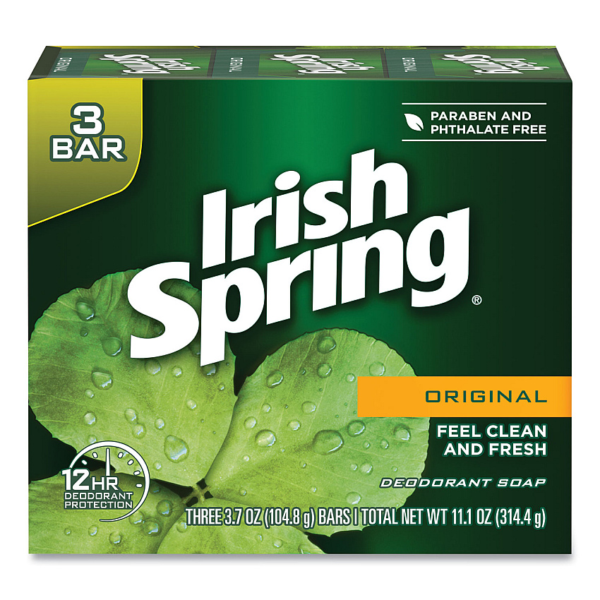 Irish Spring Bar Soap, Clean Fresh Scent, 3.75 oz, 3 Bars/Pack, 18 Packs/Carton (CPC14177)