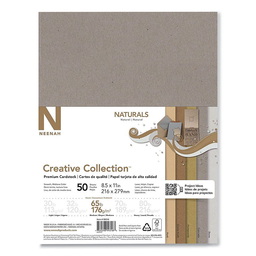 Neenah Creative Collection Premium Cardstock, 65 lb Cover Weight, 8.5 x 11, Assorted Naturals, 50/Pack (NEE99316MA)