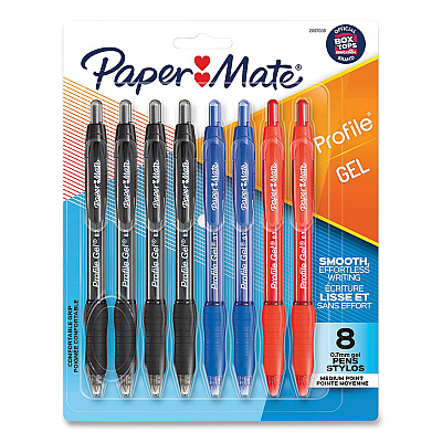 Paper Mate Profile Gel Pen, Retractable, Medium 0.7 mm, Assorted Ink and Barrel Colors, 8/Pack (PAP2097006)