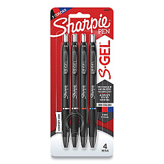 Sharpie High-Performance Gel Pen, Retractable, Fine 0.5 mm, Assorted Ink Colors, Black Barrel, 4/Pack (SAN2116199)