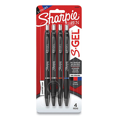 Sharpie High-Performance Gel Pen, Retractable, Fine 0.5 mm, Assorted Ink Colors, Black Barrel, 4/Pack (SAN2116199)