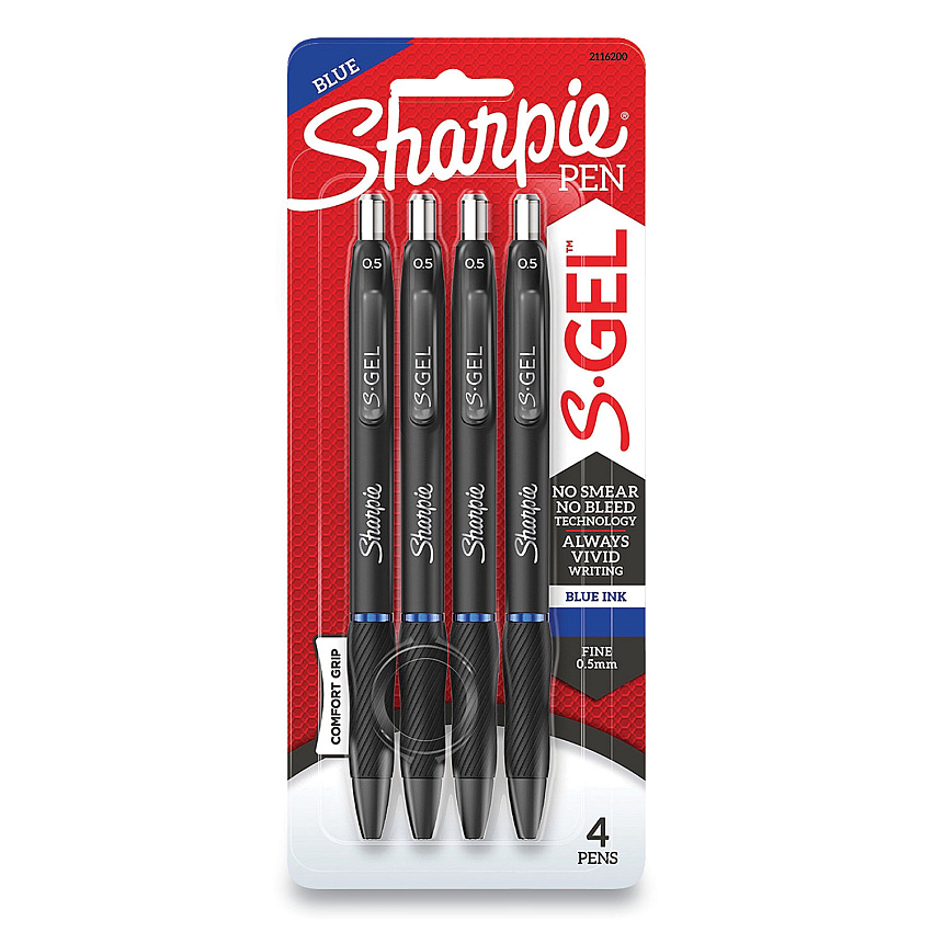 Sharpie High-Performance Gel Pen, Retractable, Fine 0.5 mm, Blue Ink, Black Barrel, 4/Pack (SAN2116200)
