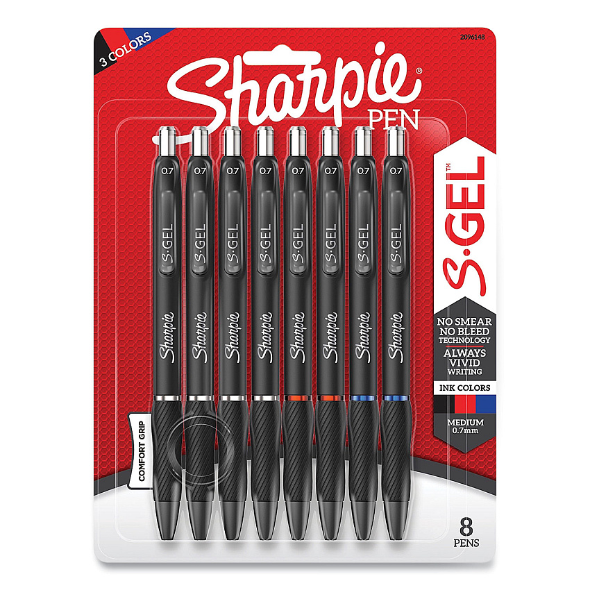 Sharpie High-Performance Gel Pen, Retractable, Medium 0.7 mm, Three Assorted Ink Colors, Black Barrel, 8/Pack (SAN2096148)