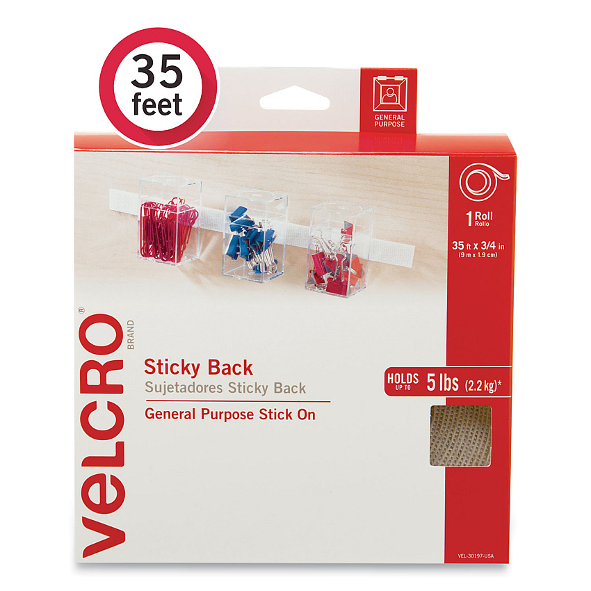 Velcro Sticky-Back Fasteners, Removable Adhesive, 0.75" x 35 ft, White (VEK30197USA)