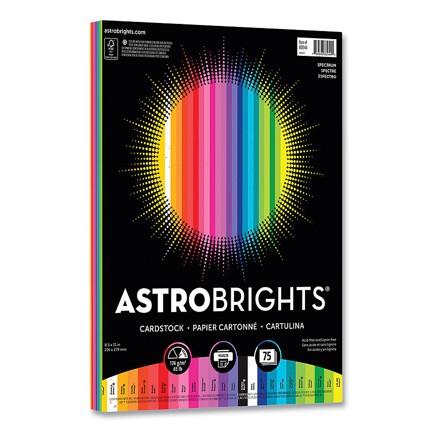 Astrobrights Color Cardstock, 65 lb Cover Weight, 8.5 x 11, Assorted Spectrum Colors, 75/Pack (WAU8094401)