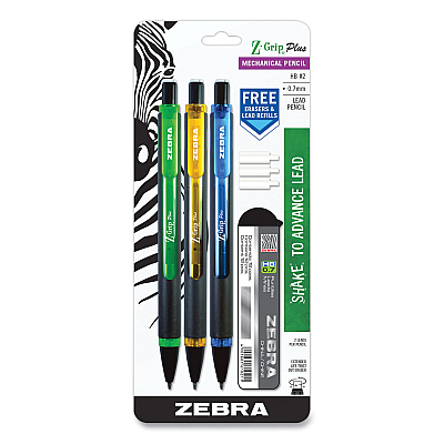 Zebra Z-Grip Plus Mechanical Pencil, 0.7 mm, HB (#2), Black Lead, Assorted Barrel Colors, 3/Pack (ZEB55403)