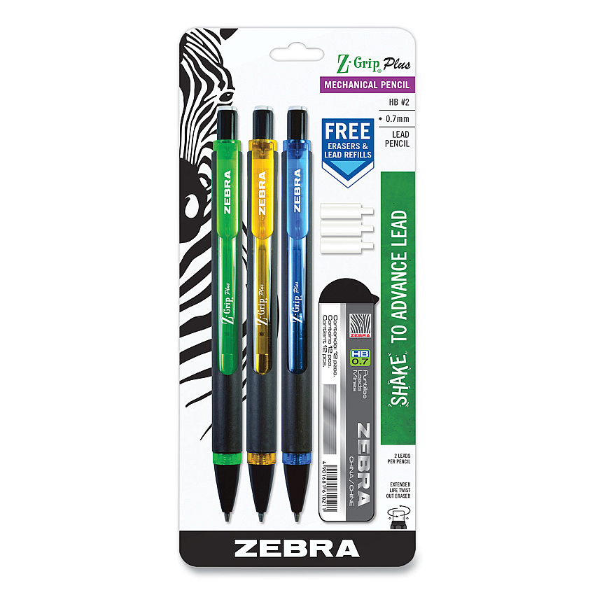 Zebra Z-Grip Plus Mechanical Pencil, 0.7 mm, HB (#2), Black Lead, Assorted Barrel Colors, 3/Pack (ZEB55403)