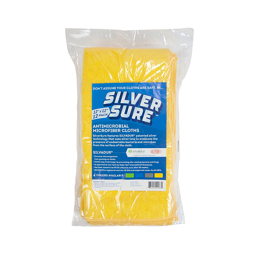 Silversure Anti-microbial Cleaning Cloth 12x12 Yellow, Pack Of 12 (PNP-M915SLV-YL)