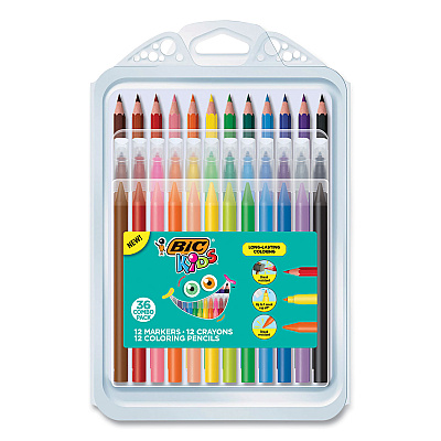 BIC Kids Coloring Combo Pack in Durable Case, 12 Each: Colored Pencils, Crayons, Markers (BICBKXP36AST)