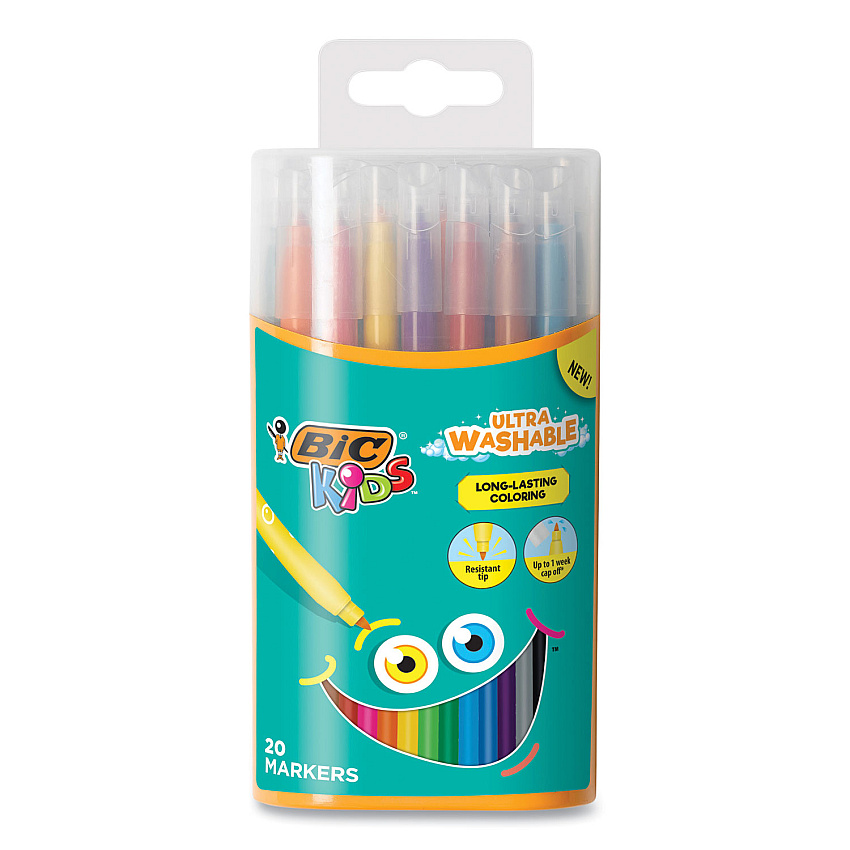 BIC Kids Ultra Washable Markers, Plastic Tube, Medium Bullet Tip, Assorted Colors, 20/Pack (BICBKCMD20AST)