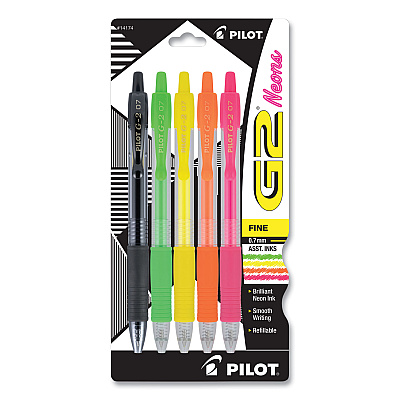 Pilot G2 Neon Gel Pen, Retractable, Fine 0.7 mm, Assorted Neon Ink and Barrel Colors, 5/Pack (PIL14174)