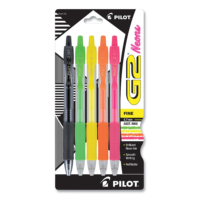 Pilot G2 Neon Gel Pen, Retractable, Fine 0.7 mm, Assorted Neon Ink and Barrel Colors, 5/Pack (PIL14174)