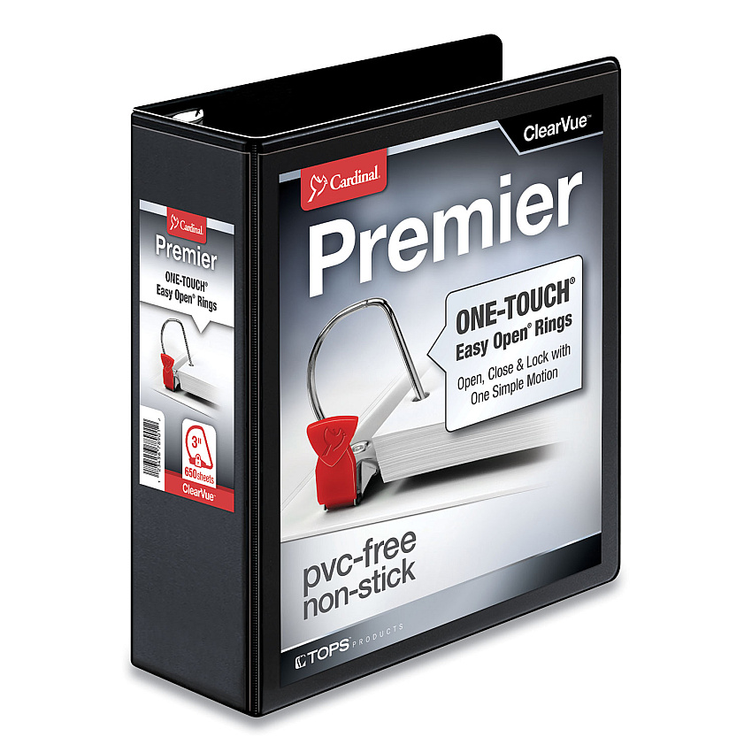 Cardinal Premier Easy Open ClearVue Locking Slant-D Ring Binder, 3 Rings, 3" Capacity, 11 x 8.5, Black (CRD10331)