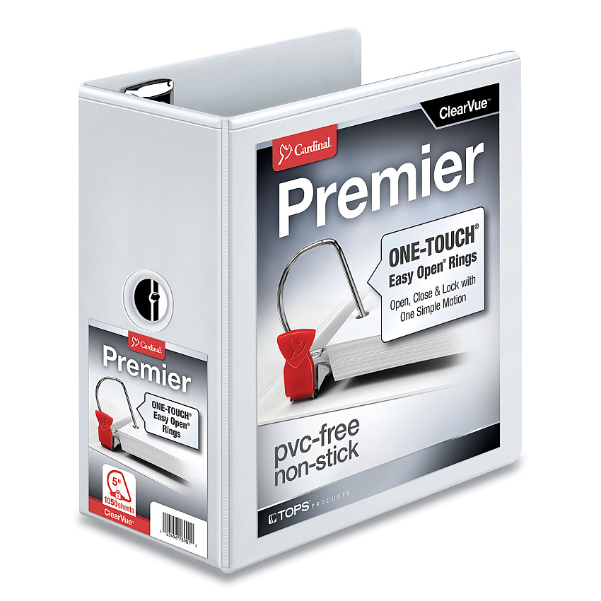 Cardinal Premier Easy Open ClearVue Locking Slant-D Ring Binder, 3 Rings, 5" Capacity, 11 x 8.5, White (CRD10350)