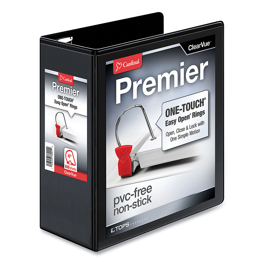 Cardinal Premier Easy Open ClearVue Locking Slant-D Ring Binder, 3 Rings, 4" Capacity, 11 x 8.5, Black (CRD10341)