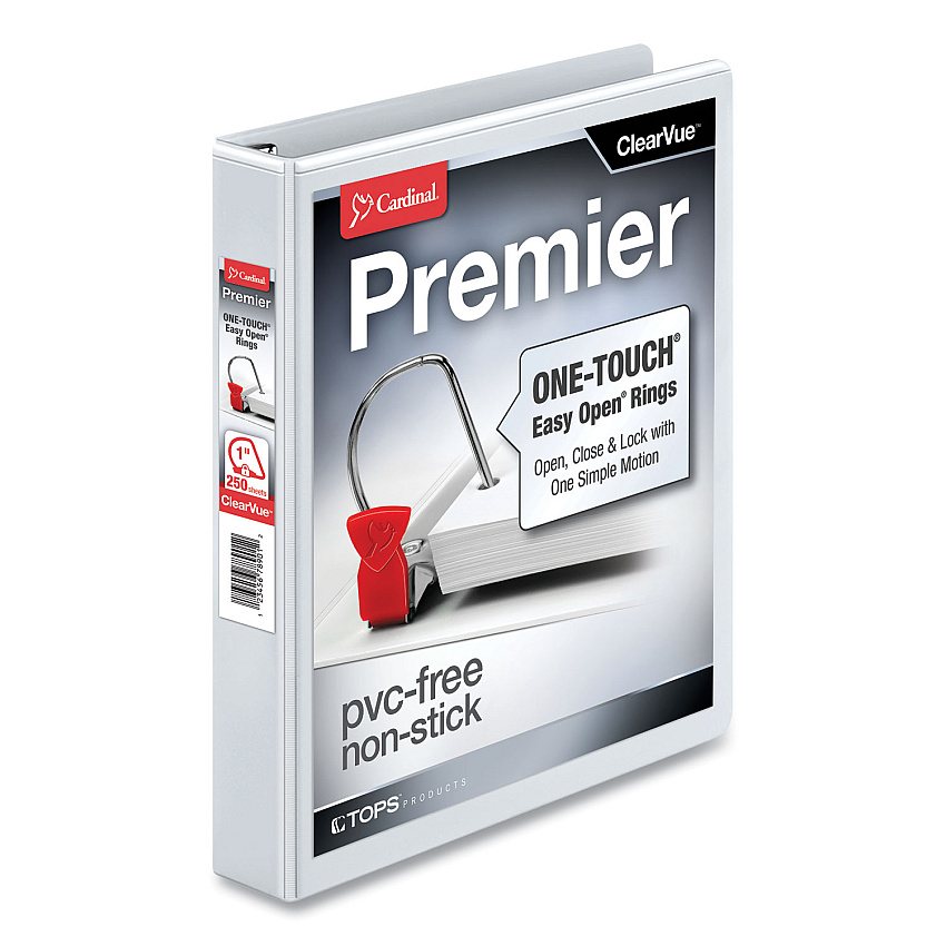 Cardinal Premier Easy Open ClearVue Locking Slant-D Ring Binder, 3 Rings, 1" Capacity, 11 x 8.5, White (CRD10300)