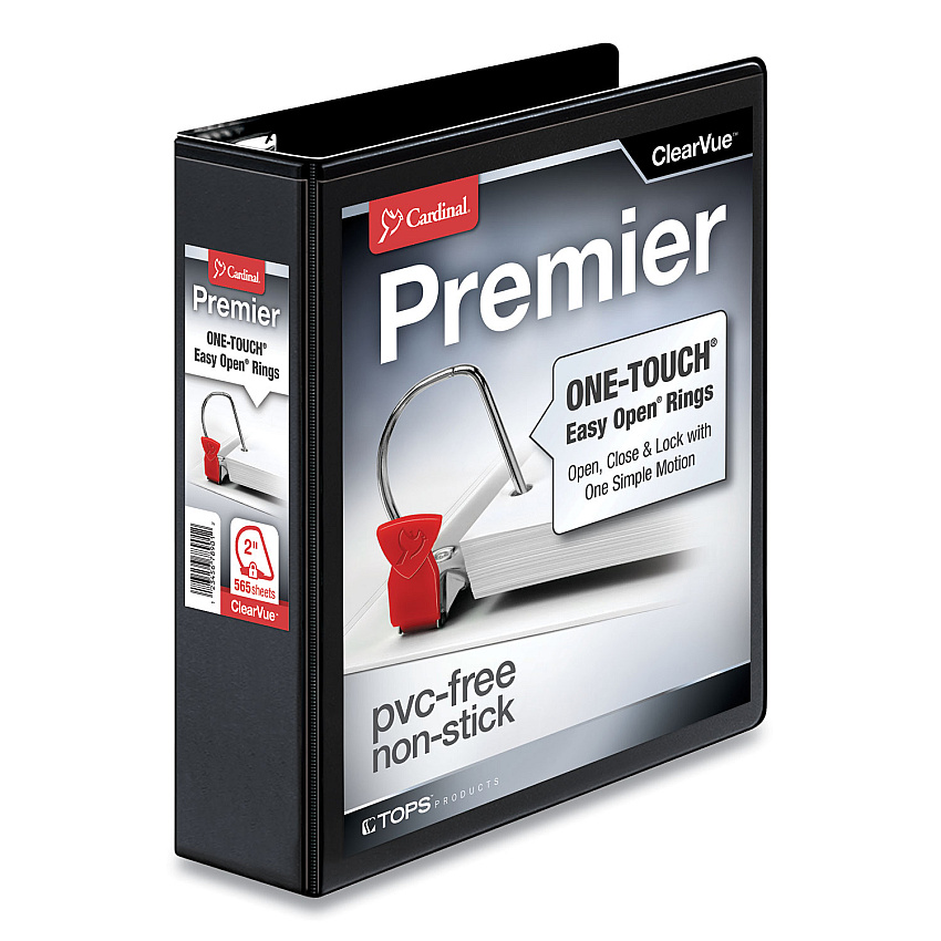 Cardinal Premier Easy Open ClearVue Locking Slant-D Ring Binder, 3 Rings, 2" Capacity, 11 x 8.5, Black (CRD10321)