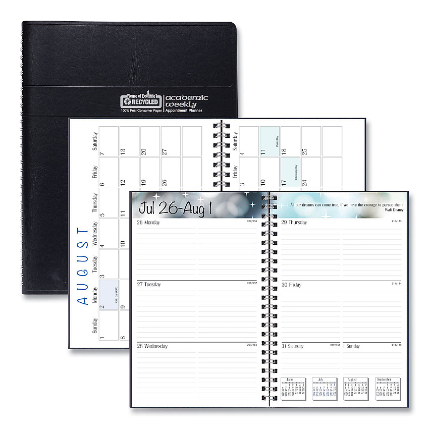 House of Doolittle Recycled Academic Weekly/Monthly Appointment Planner, 8 x 5, Black Cover, 13-Month: Aug 2025 to Aug 2026 (27502)