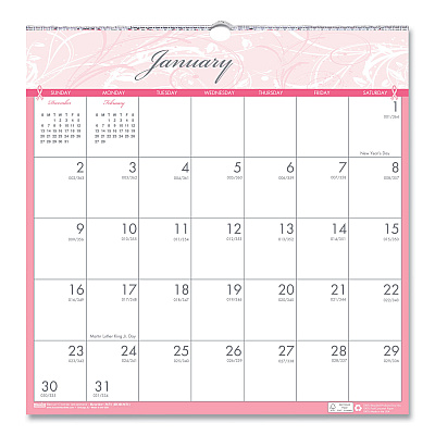 House of Doolittle Recycled Monthly Wall Calendar, Breast Cancer Awareness Artwork, 12 x 12, White/Pink/Gray Sheets, 12-Month (Jan-Dec): 2026 (3671)