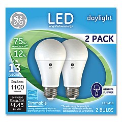 GE 75W LED Bulbs, A19, 12 W, Daylight, 2/Pack (GEL93127670)