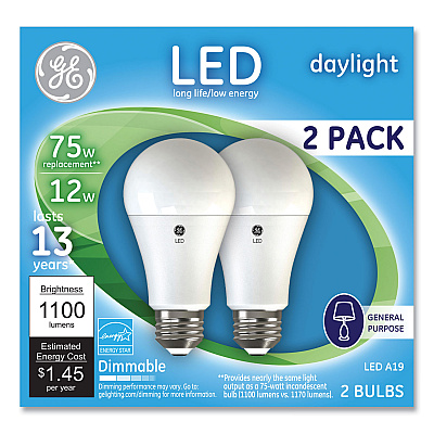 GE 75W LED Bulbs, A19, 12 W, Daylight, 2/Pack (GEL93127670)