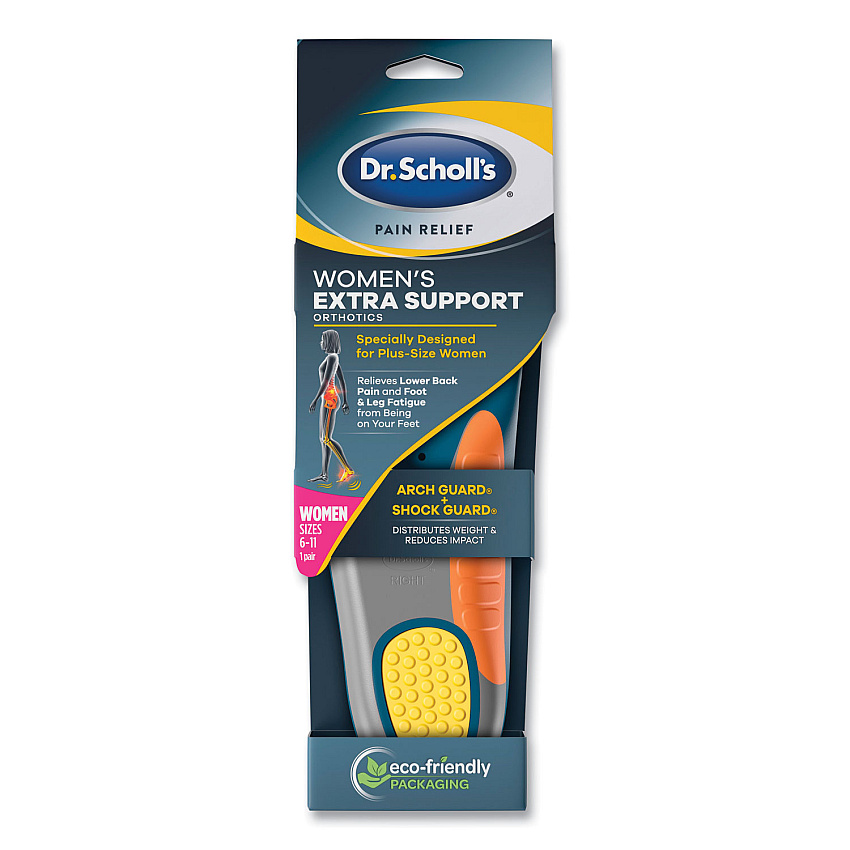 Dr. Scholl's Pain Relief Extra Support Orthotic Insoles, Women Sizes 6 to 11, Gray/Blue/Orange/Yellow, Pair (DSC59013)