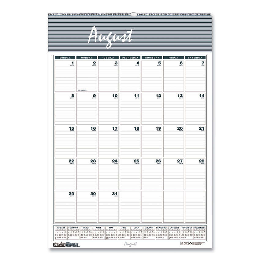 House of Doolittle Academic Year Bar Harbor Recycled Wirebound Monthly Wall Calendar, 15.5 x 22, White/Blue Sheets, 12-Month(Aug-July):2025-2026 (353)
