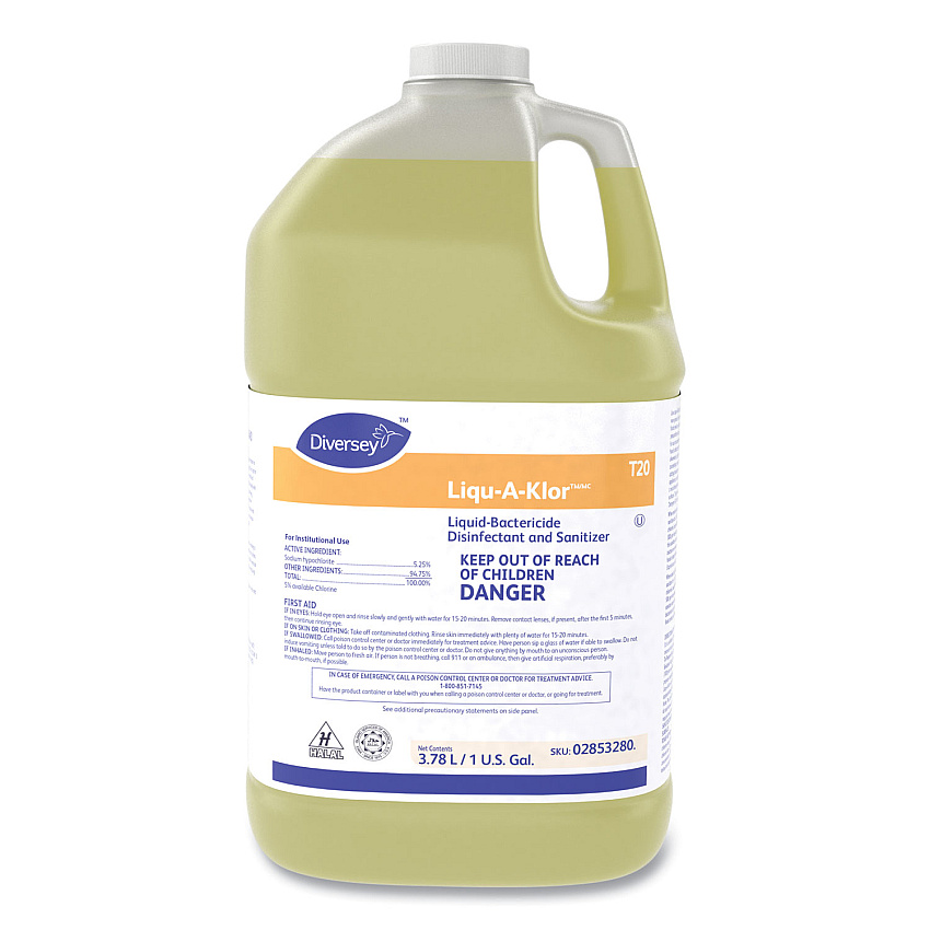 Diversey Liqu-A-Klor Disinfectant/Sanitizer, 1 gal Bottle, 4/Carton (DVO02853280)