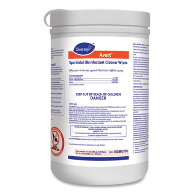 Diversey Avert Sporicidal Disinfectant Cleaner Wipes, 6 x 7, Chlorine Scent, 160/Canister, 12/Carton (100895790)