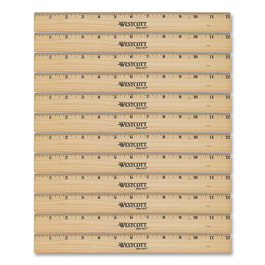 Westcott Beveled Wood Ruler, Standard, 12" Long, Natural Hardwood, 12/Pack (ACM17720)
