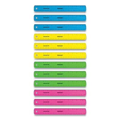 Westcott Non-Shatter Flexible Ruler, Standard/Metric, 12" (30 cm) Long, Plastic, Assorted Translucent Colors, 12/Box (ACM17721)