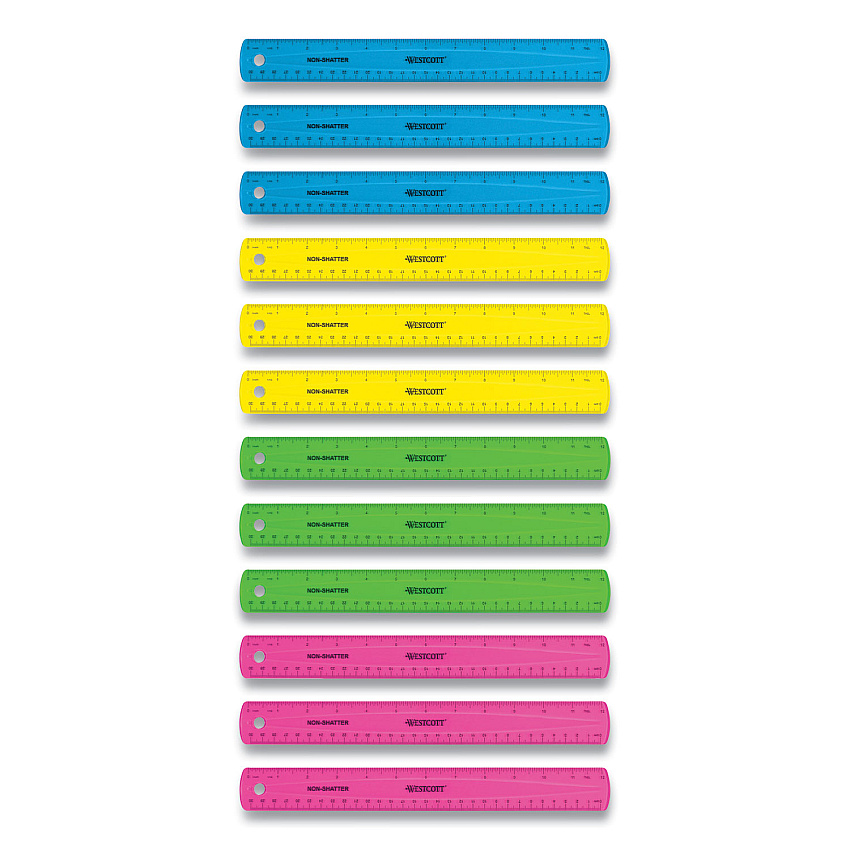 Westcott Non-Shatter Flexible Ruler, Standard/Metric, 12" (30 cm) Long, Plastic, Assorted Translucent Colors, 12/Box (ACM17721)