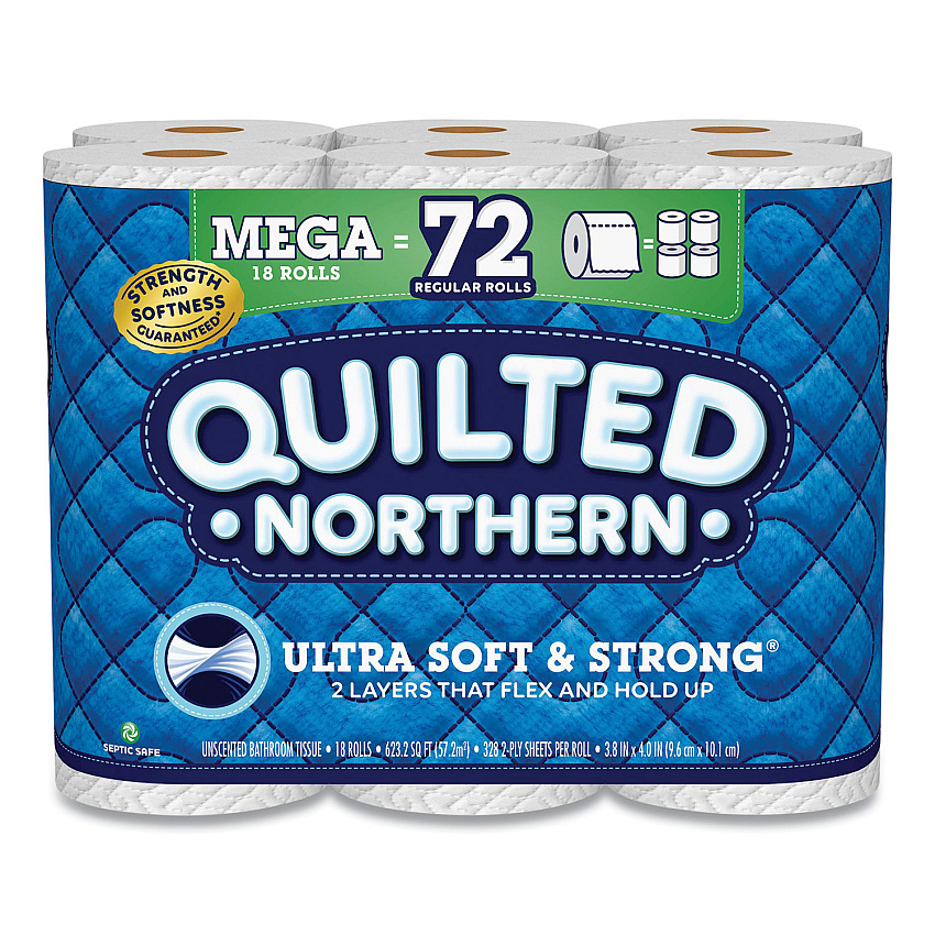 Quilted Northern Ultra Soft and Strong Bathroom Tissue, Mega Rolls, Septic Safe, 2-Ply, White, 328 Sheets/Roll, 18 Rolls/Carton (GPC94475501)