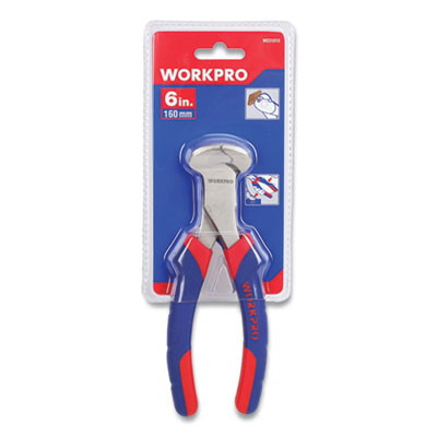 Workpro End-Cutting Pliers, 6" Long, Ni-Fe-Coated Drop-Forged Carbon Steel, Blue/Red Soft-Grip Handle (W031010WE)