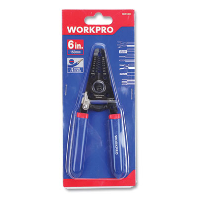 Workpro Tapered Nose Spring-Loaded Wire Strippers, 22 to 10 AWG (0.6 to 2.6 mm), 6" Long, Metal, Blue/Red Soft-Grip Handle (W091003WE)