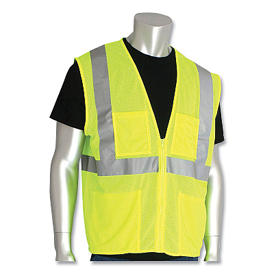 PIP ANSI Class 2 Four Pocket Zipper Safety Vest, Polyester Mesh, 5X-Large, Hi-Viz Lime Yellow (PIDMVGZ4PLY5X)