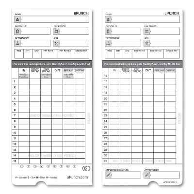 Time Clock Cards for uPunch HN4000, Two Sides, 7.37 x 3.37, 50/Pack (PPZHNTCL2050)
