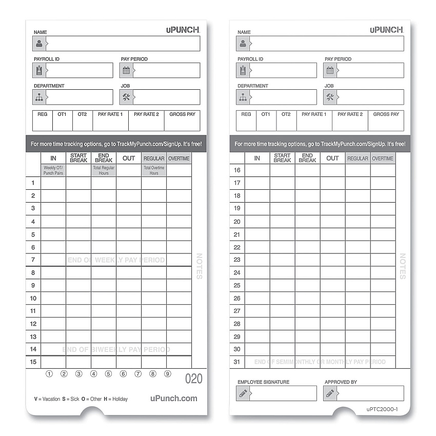 Time Clock Cards for uPunch HN4000, Two Sides, 7.37 x 3.37, 50/Pack (PPZHNTCL2050)