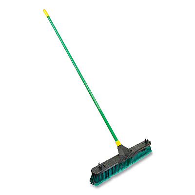 Quickie Bulldozer Multisurface Pushbroom with Scraper Block, 24 x 60, Powder Coated Steel Handle, Green/Black/Yellow (QCK638)