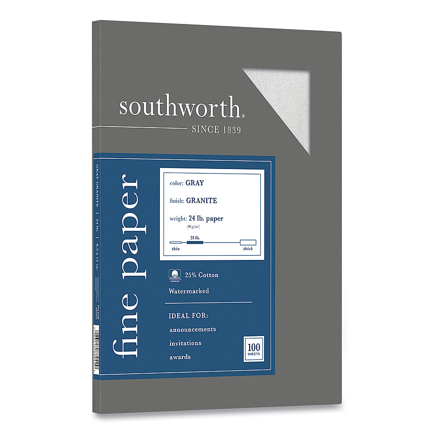 Southworth Granite Specialty Paper, 24 lb Bond Weight, 8.5 x 11, Gray, 100/Box (SOUP914CK)